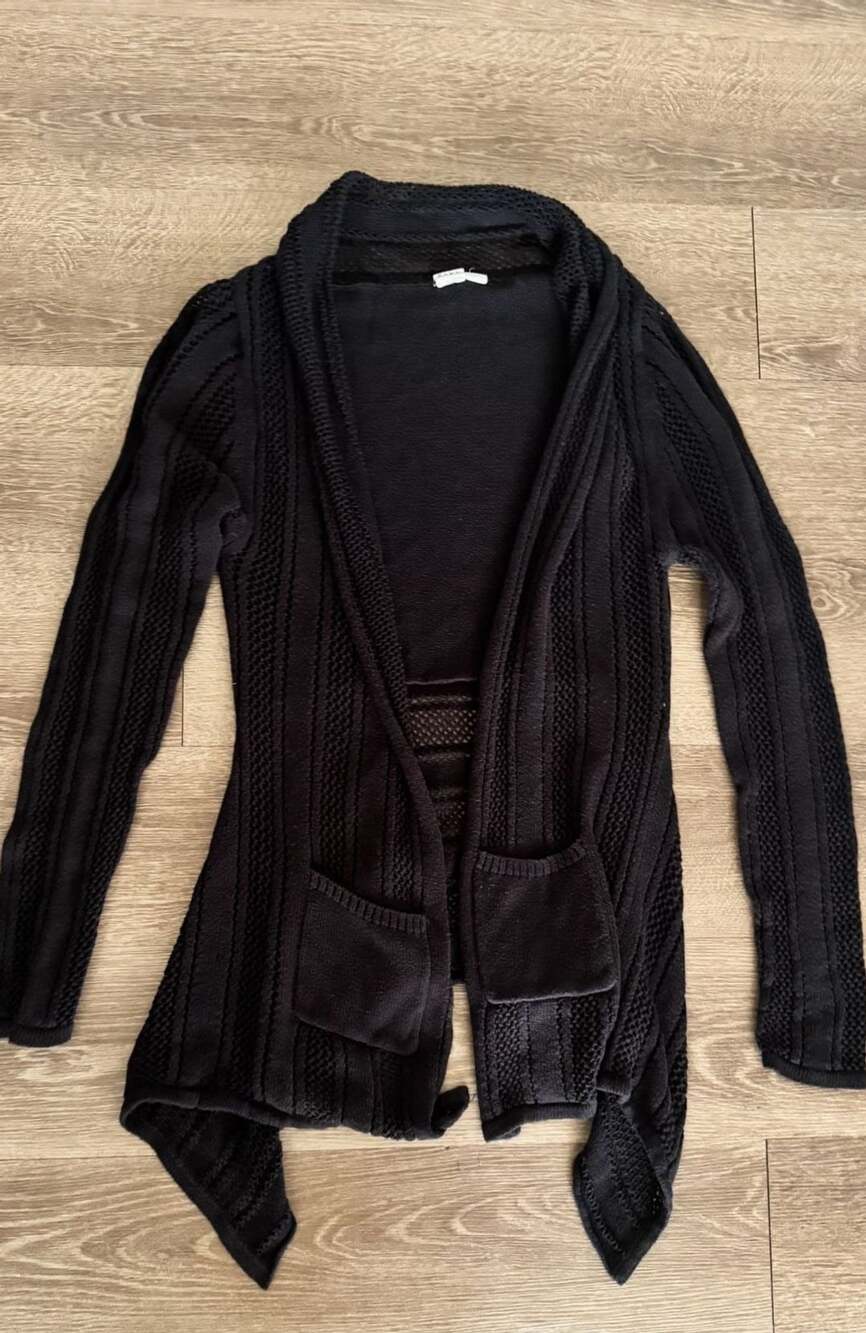 Roxy Open Knit Cardigan Size M Black Pocket Sweater